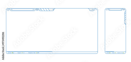 Blue internet browser phone app webpage, blank website template vector design with robot button. Editable lines web browser with icons illustration. Homepage mockup background illustration. 