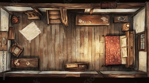 Wallpaper Mural Top down view of a cozy rustic bedroom with wooden floors, a bed, and furniture Torontodigital.ca