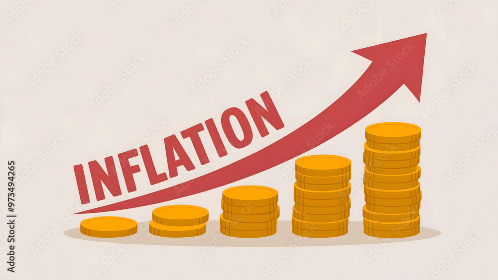 Illustration Depicting Rising Inflation with Upward Arrow and Increasing Stacks of Coins Illustration Depicting Rising Inflation with Upward Arrow and Increasing Stacks of Coins