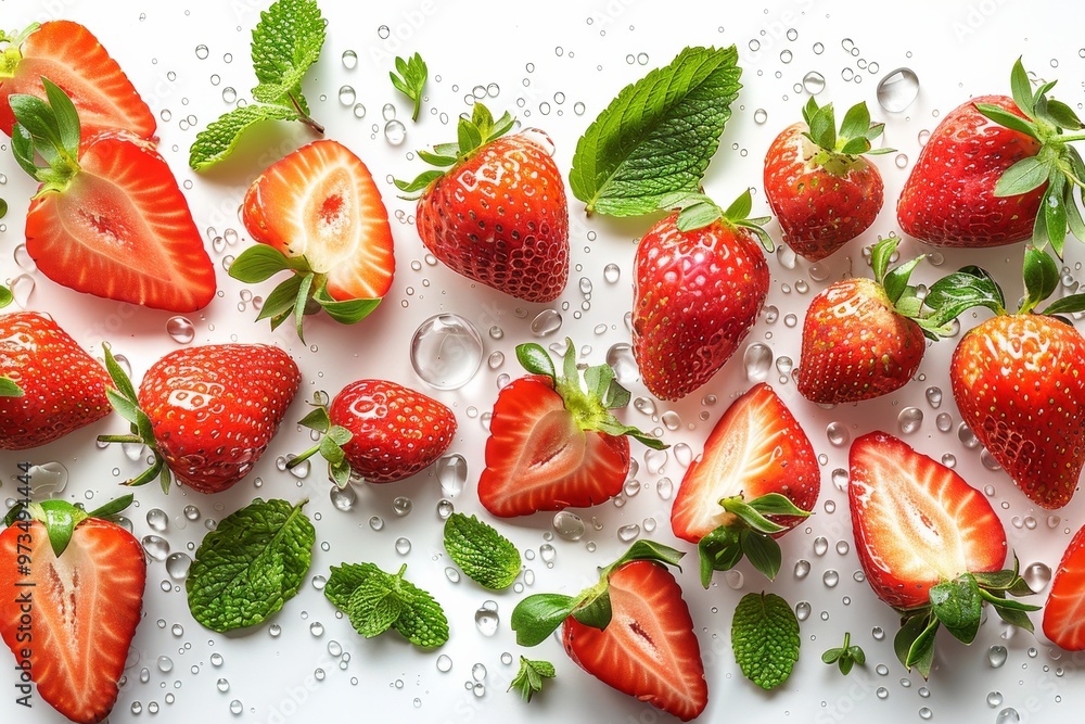 Strawberry and half slices suspended in the air with green leaves with water. Generative AI Strawberry and half slices suspended in the air with green leaves with water. Generative AI