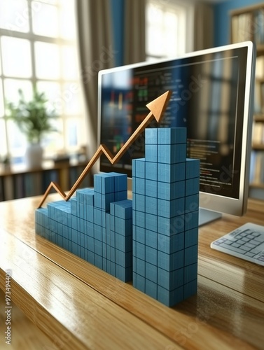 Analisi di dati e strategie in crescita. Un grafico 3D mostra l'aumento dei profitti sullo sfondo di un ambiente digitale professionale. photo