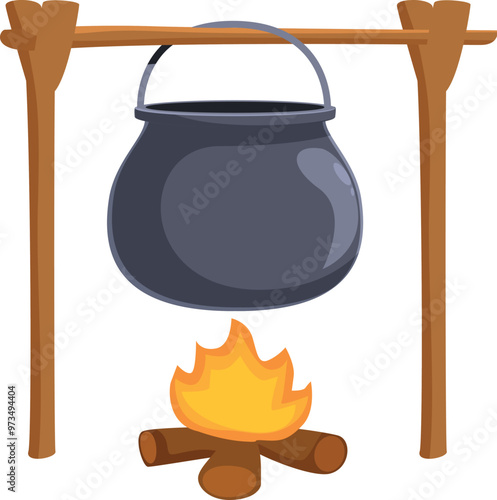Black cauldron is hanging over campfire on a wooden tripod