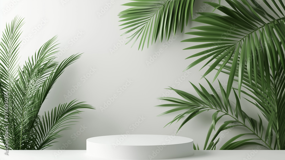 Fototapeta premium Minimalist Elegance: White Podium with Palm Leaves for Product Display