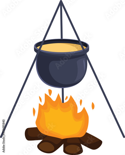Cartoon style vector illustration featuring a black metal pot hanging over a burning campfire, ideal for illustrating outdoor cooking