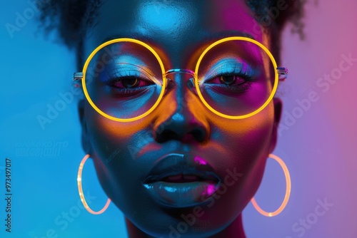 Neon circles converge to illuminate a stunning portrait of a young woman