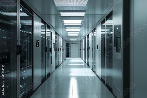 Long hallway in a server room with rows of data storage cabinets and glowing lights. Technology, network, data, digital.