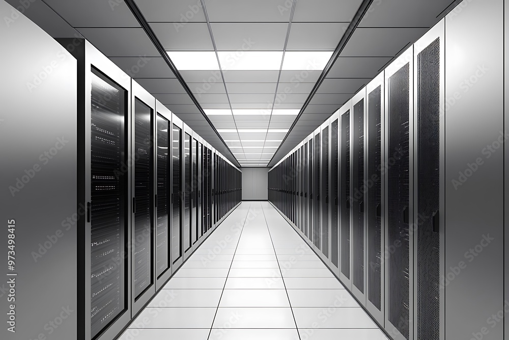 Obraz premium Empty server room with rows of black server racks and bright ceiling lights. Data center interior design. Technology and innovation.
