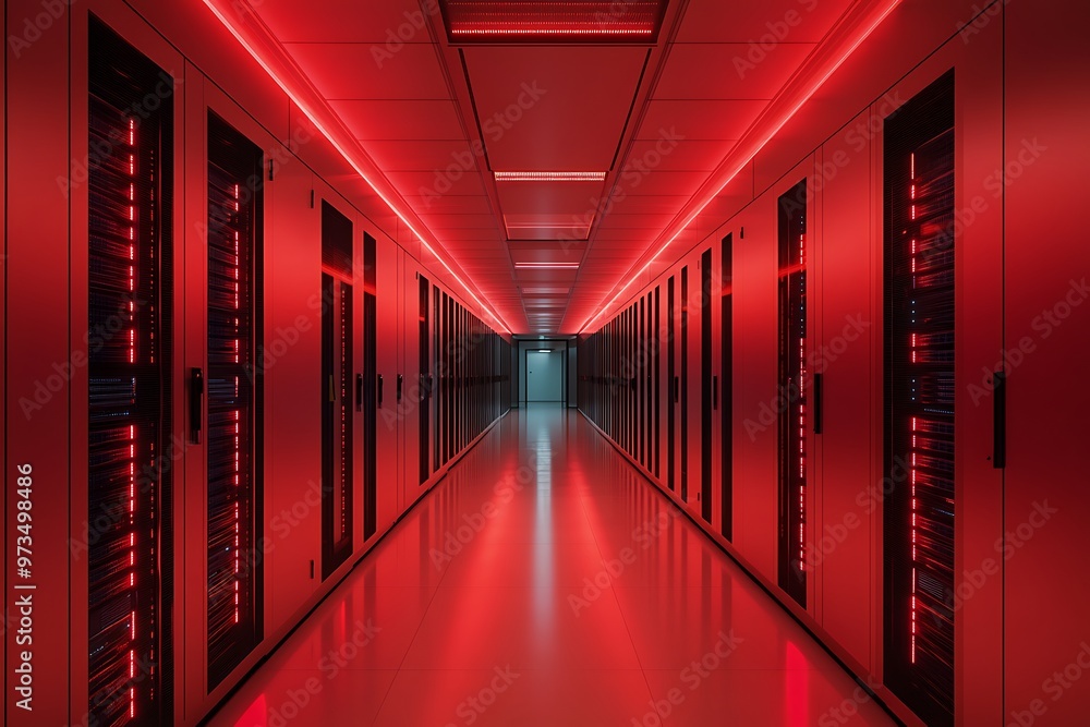 Fototapeta premium Red LED lights illuminate a long hallway in a modern data center with rows of server cabinets. Digital technology concept.