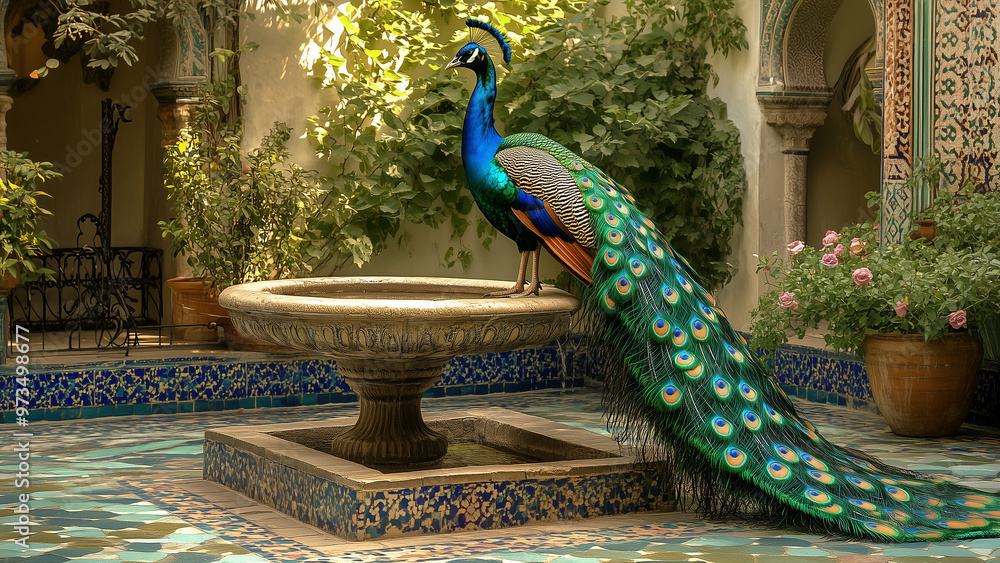 Obraz premium Royal Splendor: Iridescent Peacock Amidst Turquoise and Green Persian Elegance