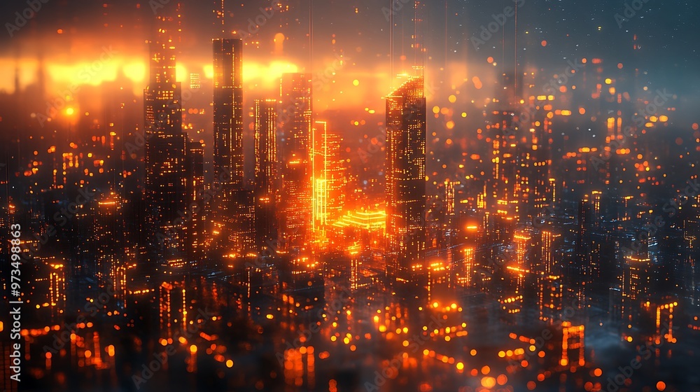 Futuristic cityscape glowing with warm neon lights at night. Cyberpunk city background, digital art illustration Futuristic cityscape glowing with warm neon lights at night. Cyberpunk city background, digital art illustration