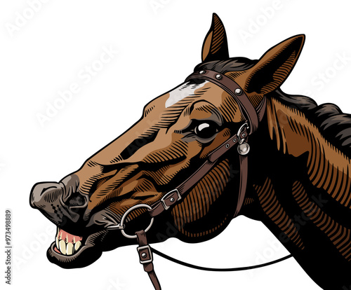the vector clipart illustration with smiling happy horse in comics realism style 