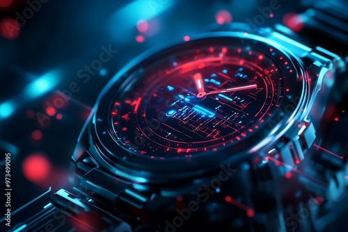 Wallpaper Mural Futuristic wristwatch with glowing digital display and abstract blue and red background Torontodigital.ca