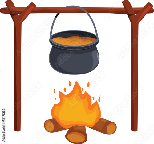 Cooking pot is hanging over a burning campfire on a wooden stand