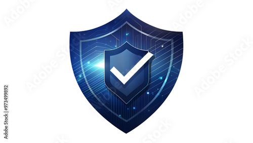 Digital shield with a checkmark in the center, cybersecurity assurance, trusted protection, and data security concept. Digital shield featuring a checkmark at the center, symbolizing cybersecurity