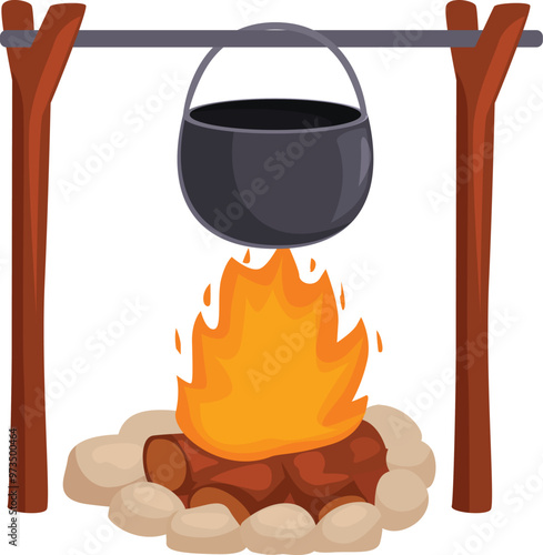 Black pot is hanging over a campfire on a crossbar, flames burning brightly