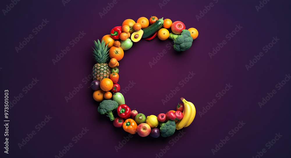 Fruits arranged in letter C creative design colorful display bright background Fruits arranged in letter C creative design colorful display bright background