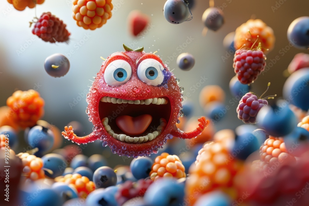 A vibrant celebration of levitating fruits and joyous character in a whimsical space A vibrant celebration of levitating fruits and joyous character in a whimsical space