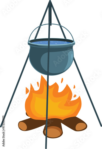Large metal cooking pot hanging over a bright campfire on a tripod, perfect for illustrating outdoor cooking