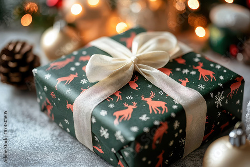 Christmas gift wrapped in reindeer and snowflake paper with white ribbon photo