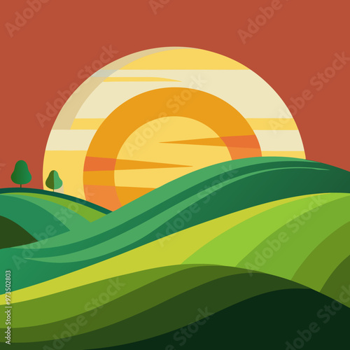 a rolling hill with a sun setting