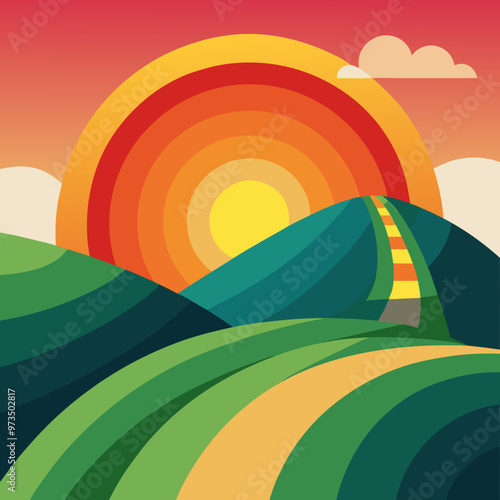 a rolling hill with a sun setting