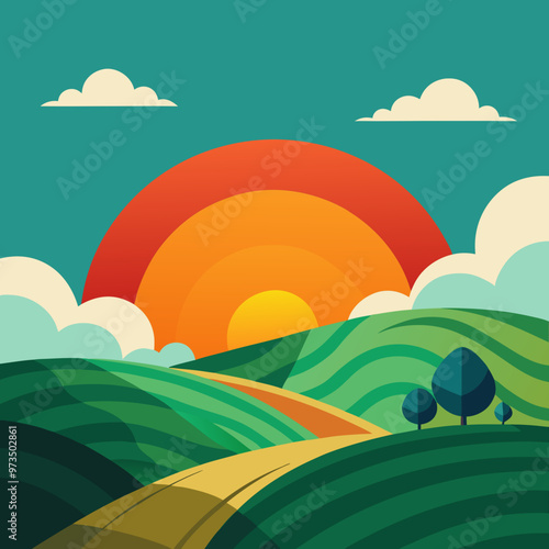 a rolling hill with a sun setting