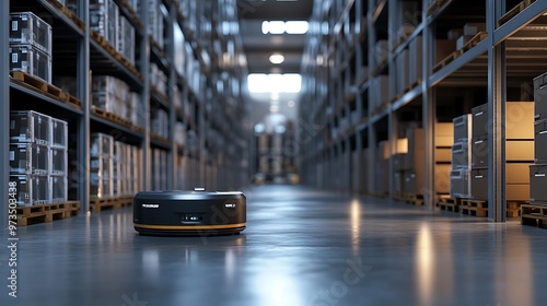 Wallpaper Mural Autonomous robot moving in a large warehouse with high shelves full of boxes Torontodigital.ca