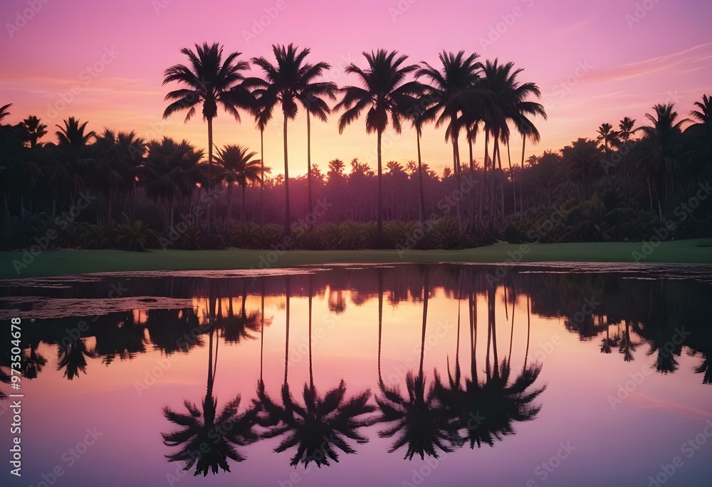 Naklejka premium Palm trees reflected in a calm body of water during a colorful sunset