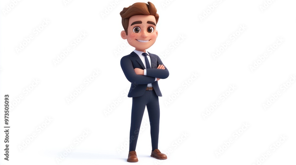 A smiling cartoon man in a suit standing with his arms crossed. A smiling cartoon man in a suit standing with his arms crossed.