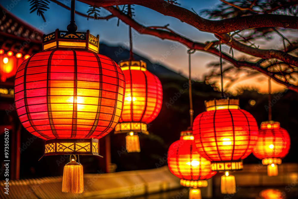 Bright red lanterns illuminating branches during Chuseok festival, creating festive ambiance in outdoor setting Bright red lanterns illuminating branches during Chuseok festival, creating festive ambiance in outdoor setting