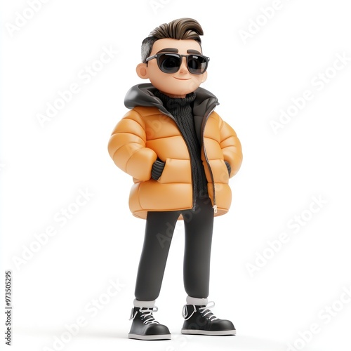 A 3D cartoon man wearing a yellow puffer jacket and black sunglasses stands with hands in his pockets.