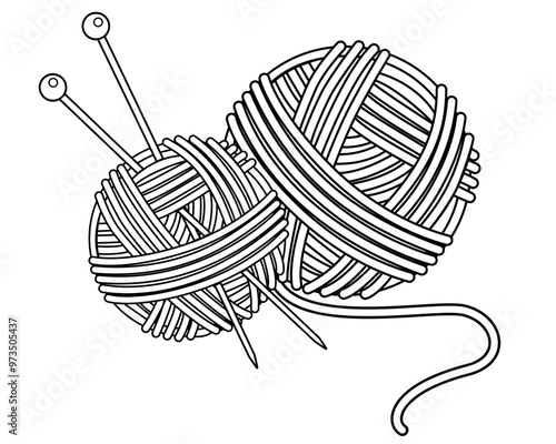 Balls of yarn for knitting with needles - vector linear illustration for logo or pictogram coloring. Round balls of yarn with knitting needles for sign or icon	