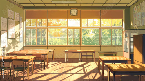 Anime style illustration of a retro style classroom interior with comfortable anime wooden furniture