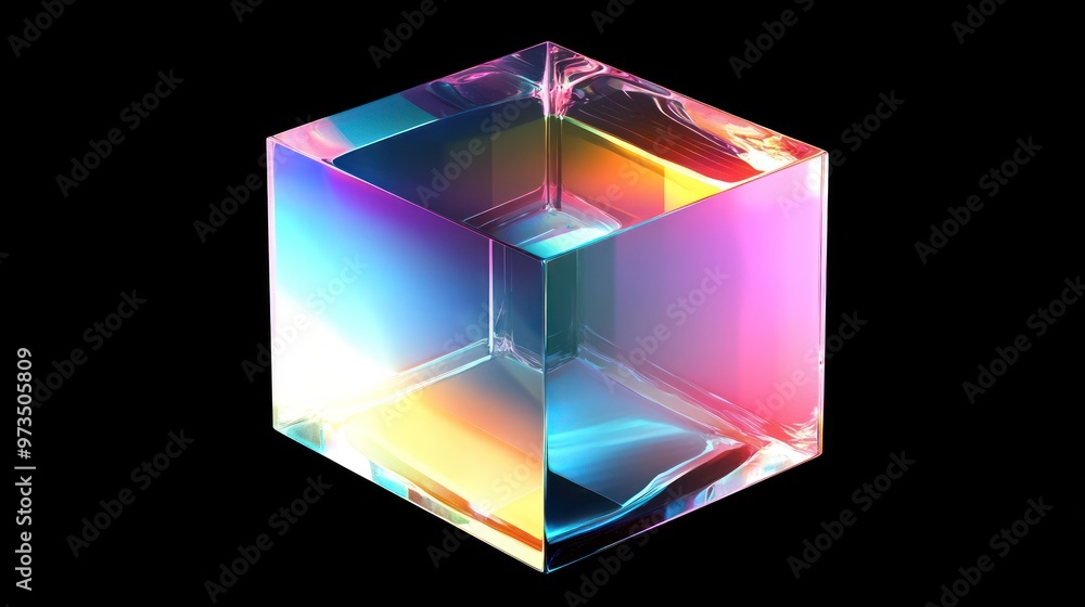 A glass cube with iridescent colors, reflecting light on a black background. A glass cube with iridescent colors, reflecting light on a black background.