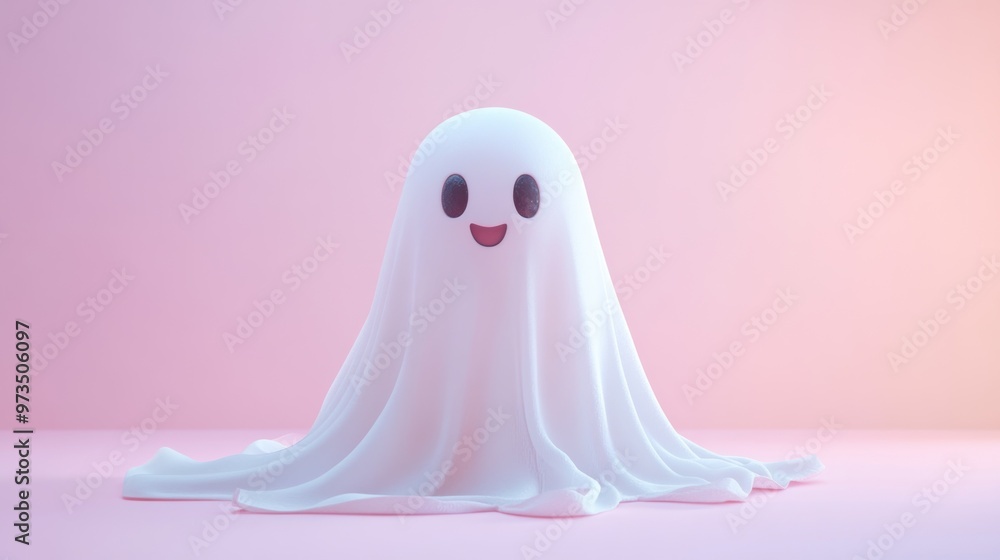 A friendly white ghost with a happy expression, sitting on a pink background. A friendly white ghost with a happy expression, sitting on a pink background.