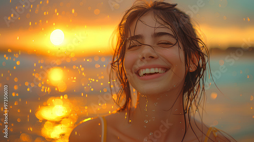 A woman is smiling and splashing water on herself while standing on the beach