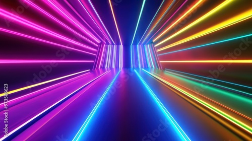 Abstract colorful neon light lines pattern in a dark background.