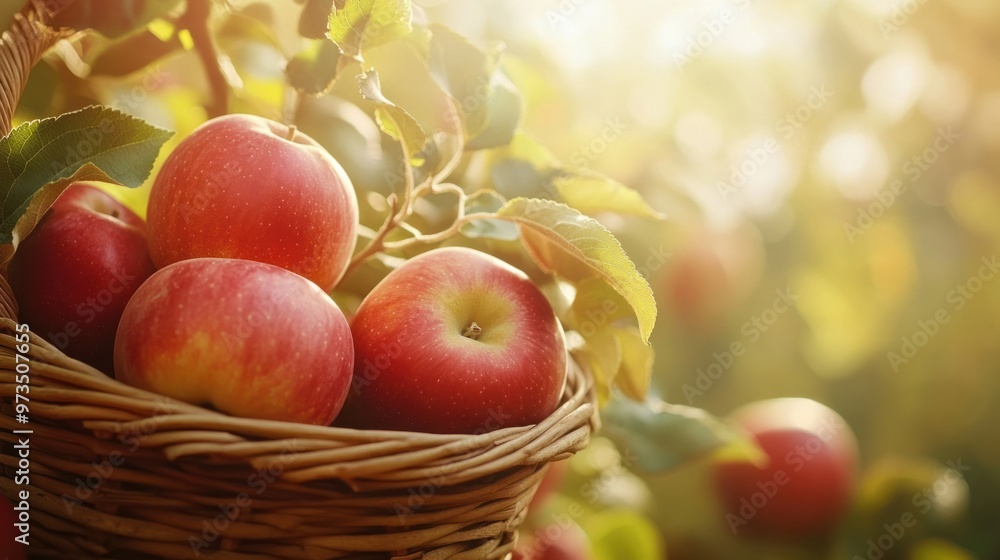 A close-up of ripe red apples in a basket, with soft sunlight streaming through the leaves in an orchard A close-up of ripe red apples in a basket, with soft sunlight streaming through the leaves in an orchard