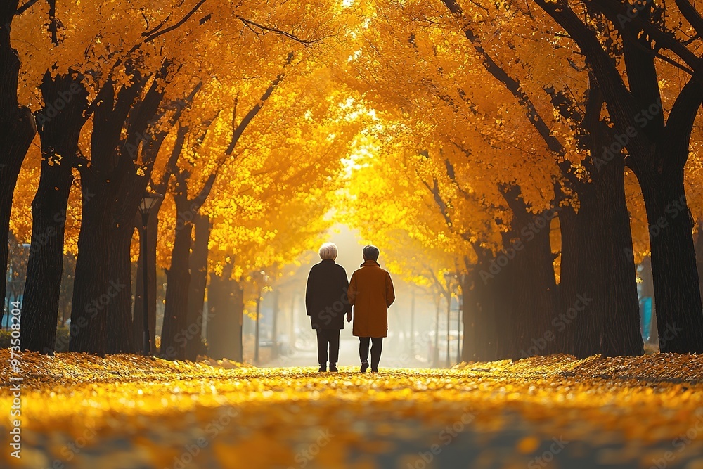 Senior couple walking under golden ginkgo trees in autumn park Senior couple walking under golden ginkgo trees in autumn park