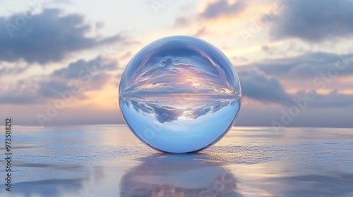 Fototapeta Naklejka Na Ścianę i Meble -  Glass sphere reflecting a colorful sunset sky with clouds.