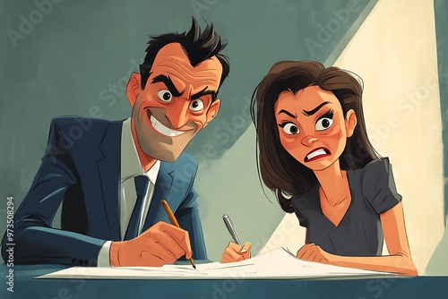 Cartoon illustration of a man and woman signing a contract with suspicious expressions