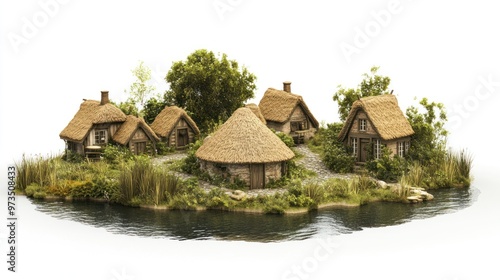 A quaint village of thatched-roof cottages nestled amongst lush greenery and a winding river.