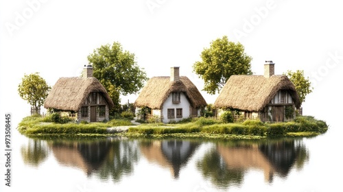 Three thatched-roof cottages on a small island with a reflection in the water.