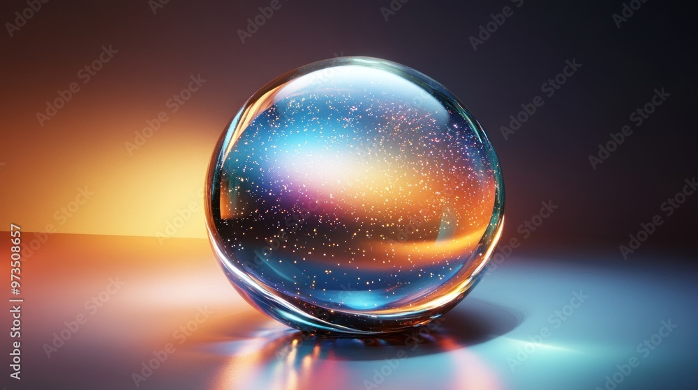 A glass sphere with glitter inside against a colorful gradient background. A glass sphere with glitter inside against a colorful gradient background.
