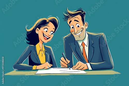 Cartoon Illustration of Business People Signing Agreement