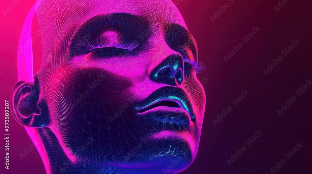 A wireframe rendering of a woman's face with eyes closed. The face is lit in bright pink and blue hues, against a dark red background. A wireframe rendering of a woman's face with eyes closed. The face is lit in bright pink and blue hues, against a dark red background.