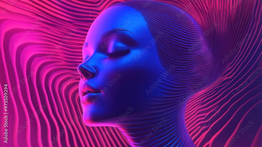 Close up of a woman's face in a blue, pink, and purple neon light. Close up of a woman's face in a blue, pink, and purple neon light.