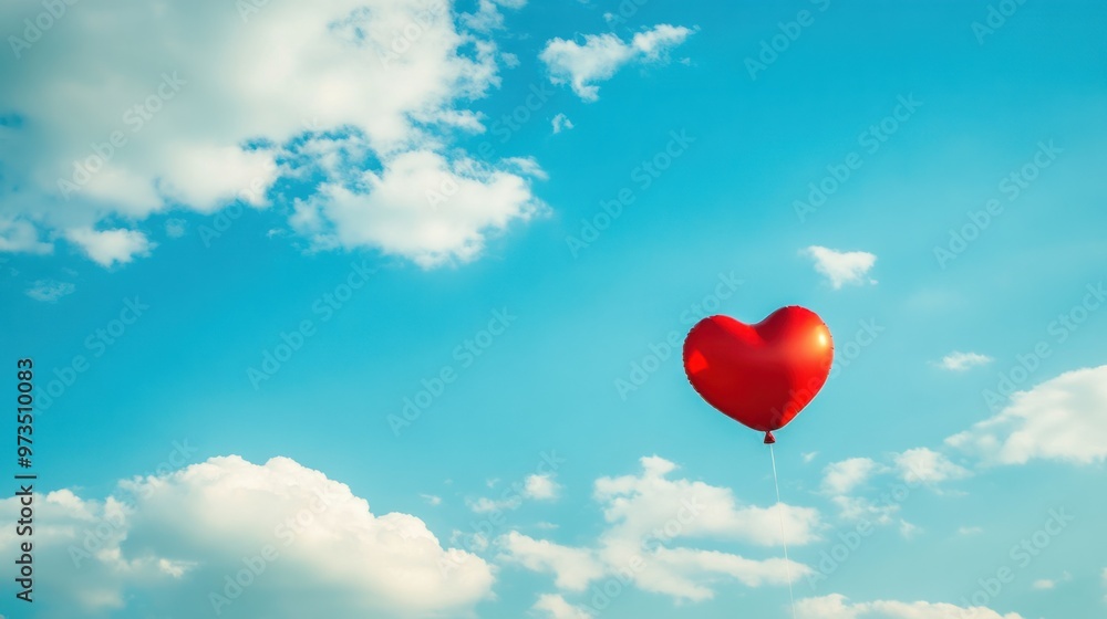 A red heart-shaped balloon floating in a bright blue sky, with soft clouds drifting by A red heart-shaped balloon floating in a bright blue sky, with soft clouds drifting by