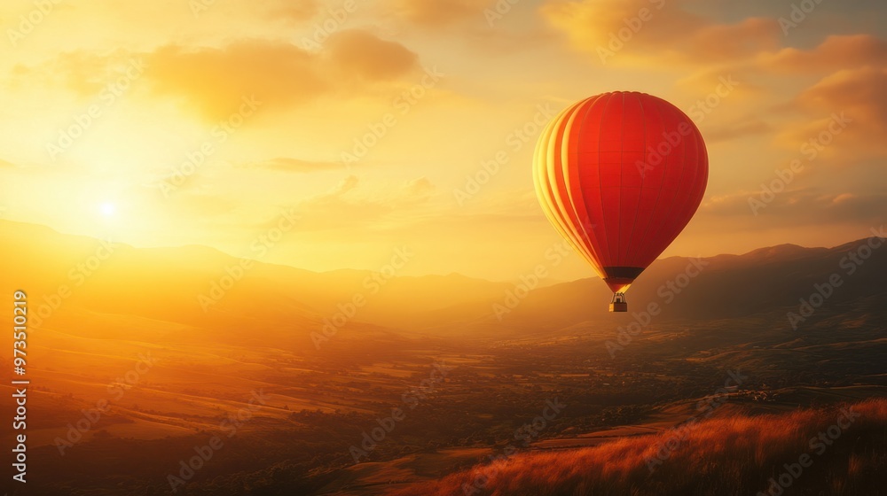 A red hot air balloon floating gently in the sky at sunset, with golden and orange hues surrounding it A red hot air balloon floating gently in the sky at sunset, with golden and orange hues surrounding it
