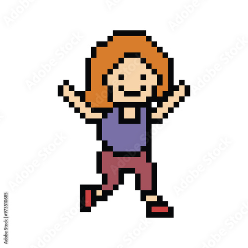 Cute pixel cartoon 8bit character woman lady run or running jog cardio lifestyle for decoration life style 8 bit female jog marathon exercise png vector.